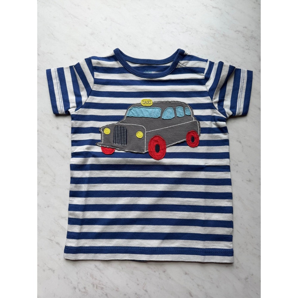 Baby Boden T-Shirt 12-18M Blue White Striped London Taxi Graphic Short Sleeve
